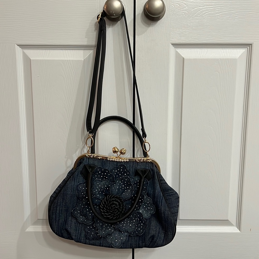 Blue denim and rhinestone double handled, gold toned purse.